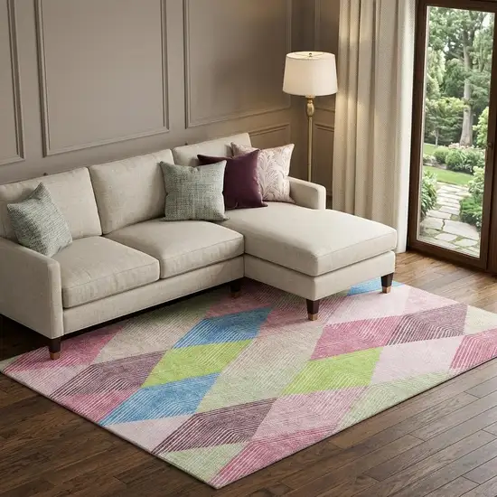 Pink Lime Green And Blue Geometric Washable Area Rug With UV Protection Photo 1