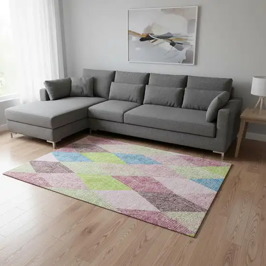 Pink Lime Green And Blue Geometric Washable Area Rug With UV Protection Photo 2