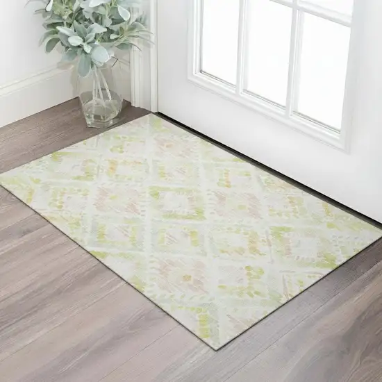 Pink Lime Green And Ivory Geometric Washable Area Rug With UV Protection Photo 2