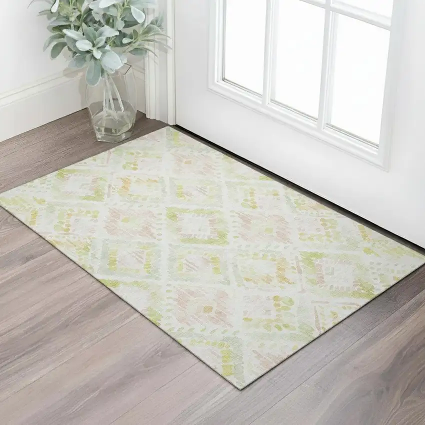 Pink Lime Green And Ivory Geometric Washable Area Rug With UV Protection Photo 2