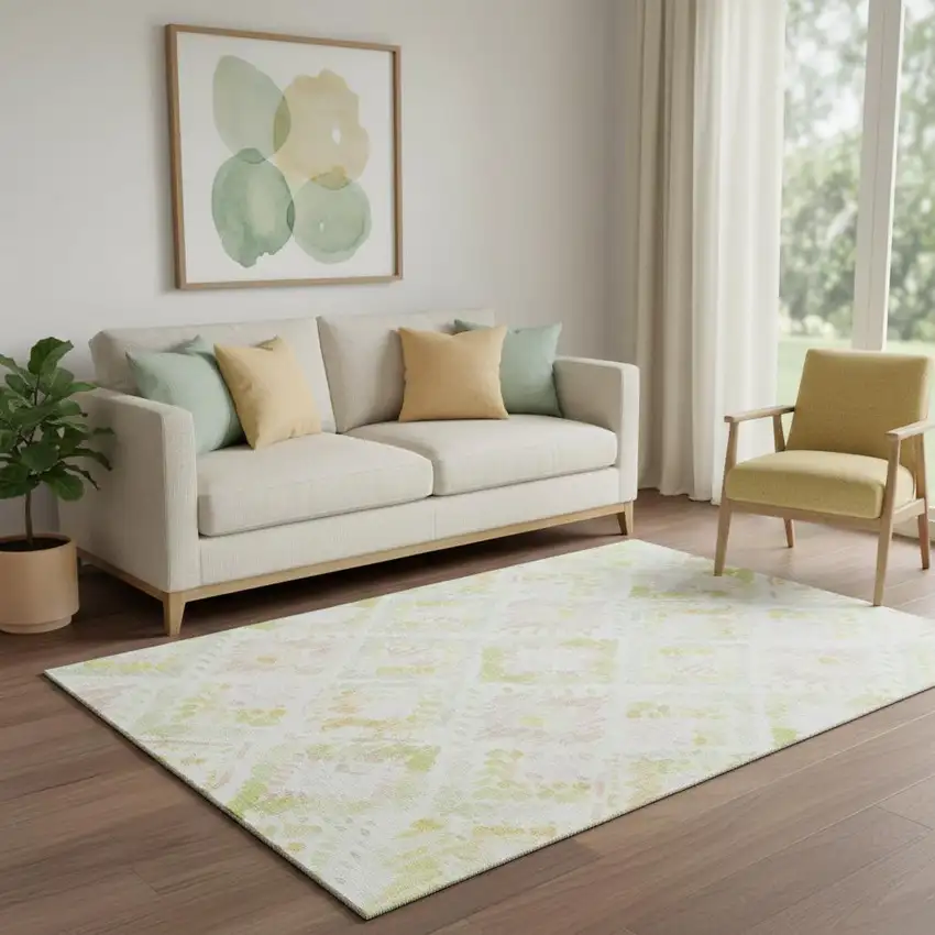Pink Lime Green And Ivory Geometric Washable Area Rug With UV Protection Photo 2