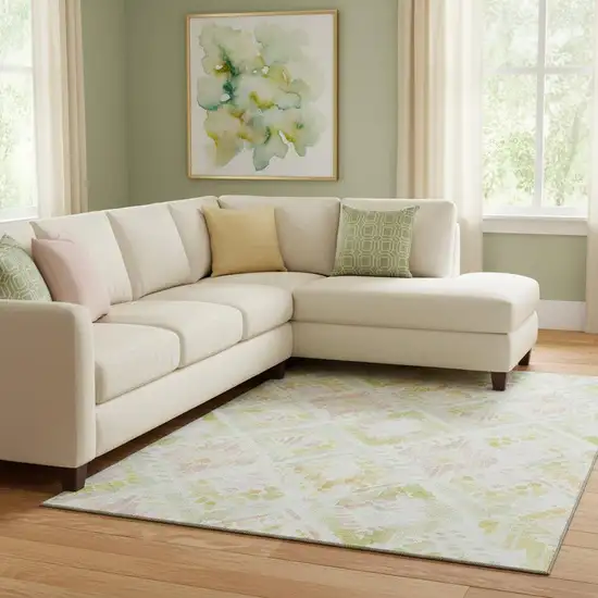 Pink Lime Green And Ivory Geometric Washable Area Rug With UV Protection Photo 2