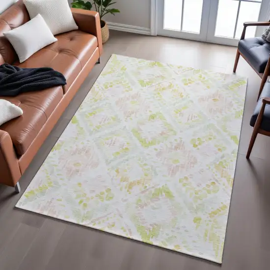 Pink Lime Green And Ivory Geometric Washable Area Rug With UV Protection Photo 5