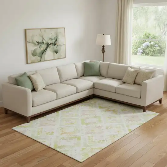 Pink Lime Green And Ivory Geometric Washable Area Rug With UV Protection Photo 2