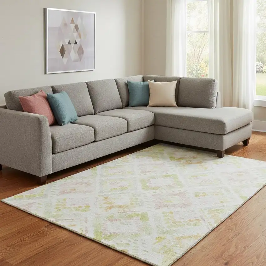 Pink Lime Green And Ivory Geometric Washable Area Rug With UV Protection Photo 2