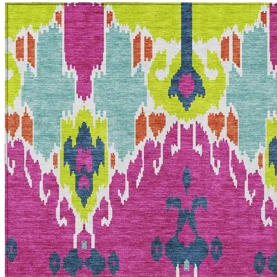 Pink Lime Green And Orange Ikat Washable Indoor Outdoor Area Rug Photo 5