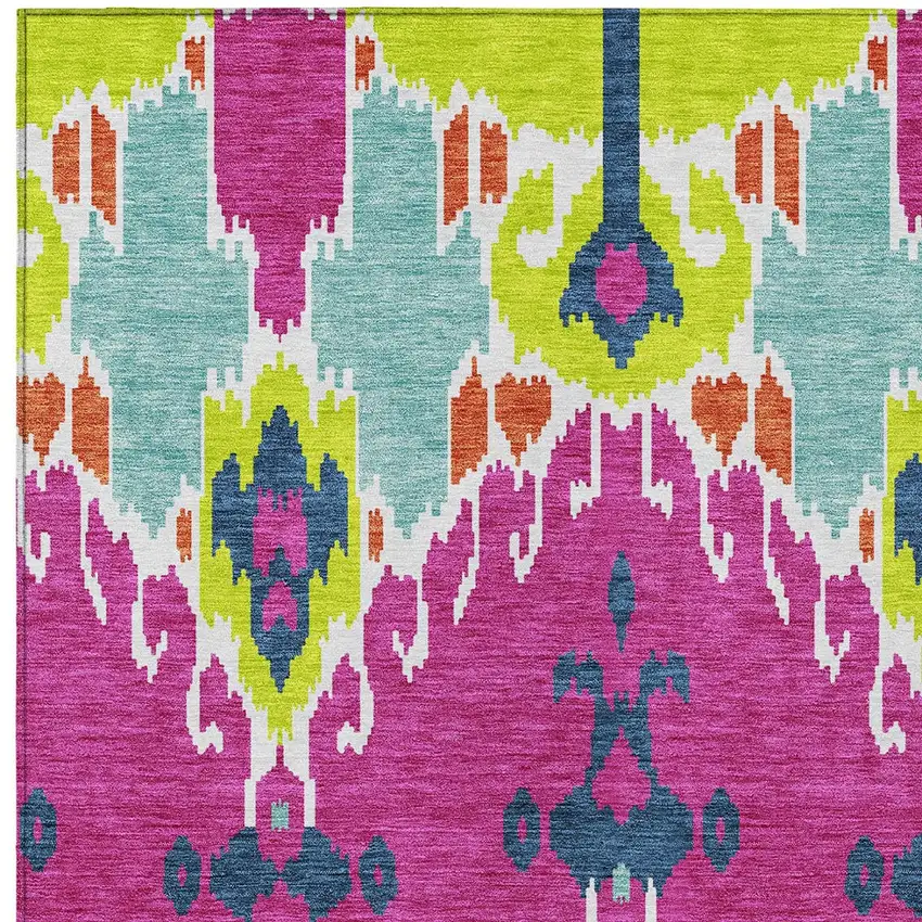 Pink Lime Green And Orange Ikat Washable Indoor Outdoor Area Rug Photo 5
