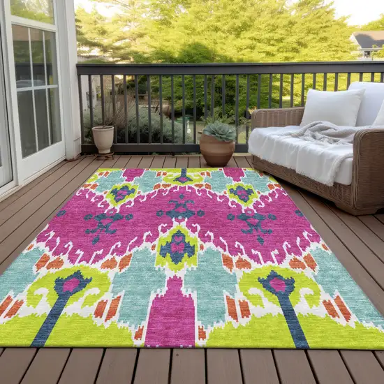 Pink Lime Green And Orange Ikat Washable Indoor Outdoor Area Rug Photo 7
