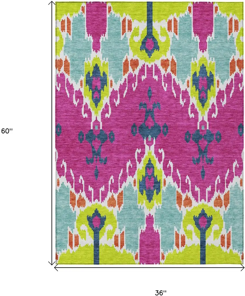 Pink Lime Green And Orange Ikat Washable Indoor Outdoor Area Rug Photo 8
