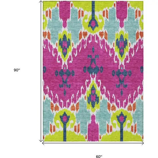 Pink Lime Green And Orange Ikat Washable Indoor Outdoor Area Rug Photo 3