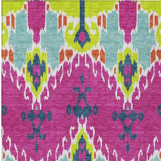 Pink Lime Green And Orange Ikat Washable Indoor Outdoor Area Rug Photo 8