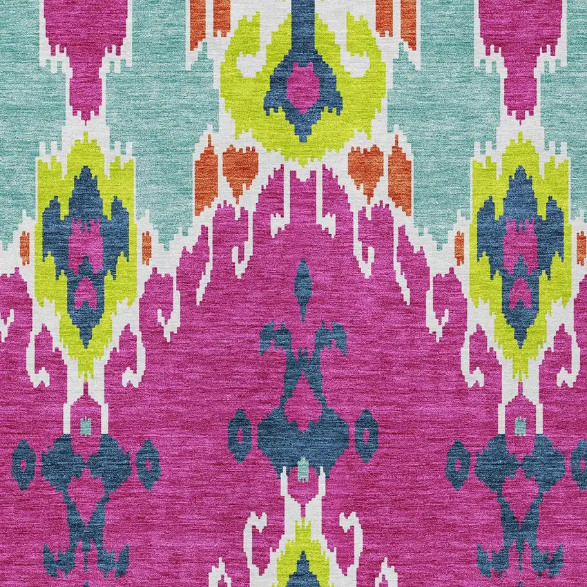 Pink Lime Green And Orange Ikat Washable Indoor Outdoor Area Rug Photo 5