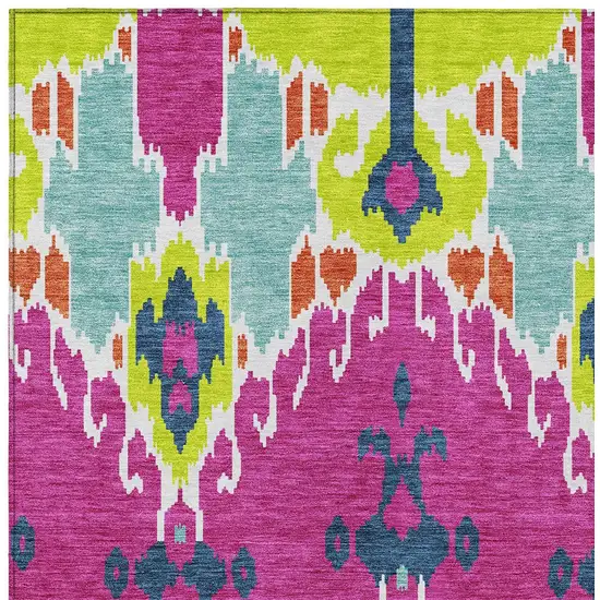 Pink Lime Green And Orange Ikat Washable Indoor Outdoor Area Rug Photo 5
