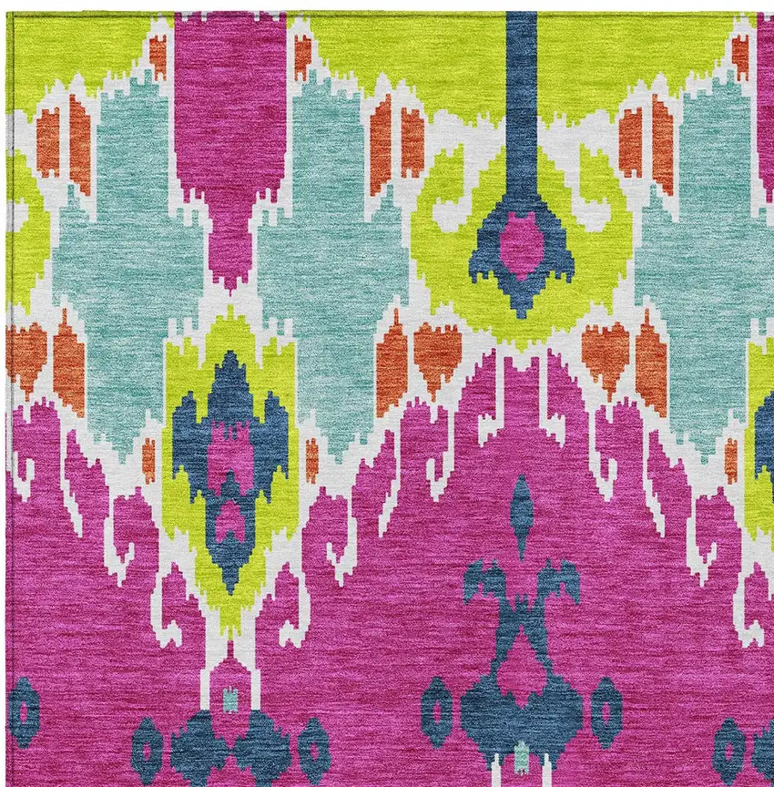 Pink Lime Green And Orange Ikat Washable Indoor Outdoor Area Rug Photo 5