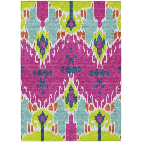 Pink Lime Green And Orange Ikat Washable Indoor Outdoor Area Rug Photo 1