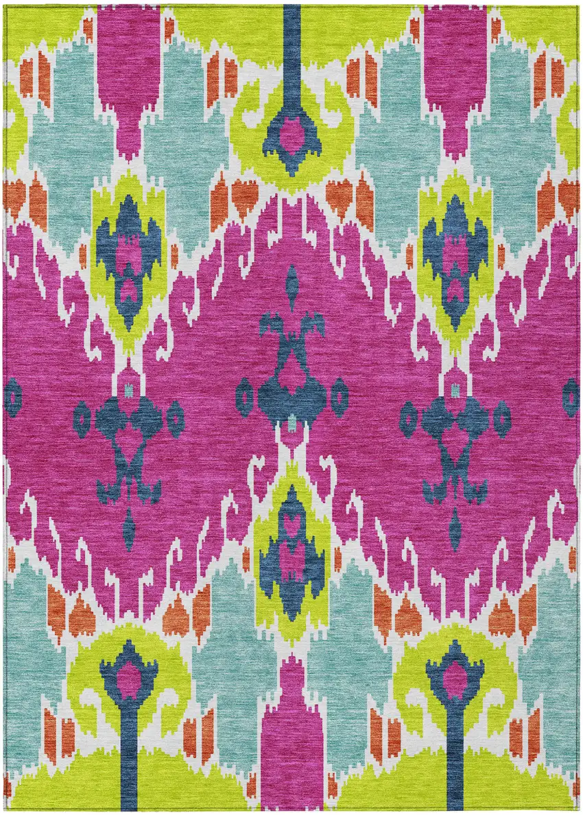 Pink Lime Green And Orange Ikat Washable Indoor Outdoor Area Rug Photo 1