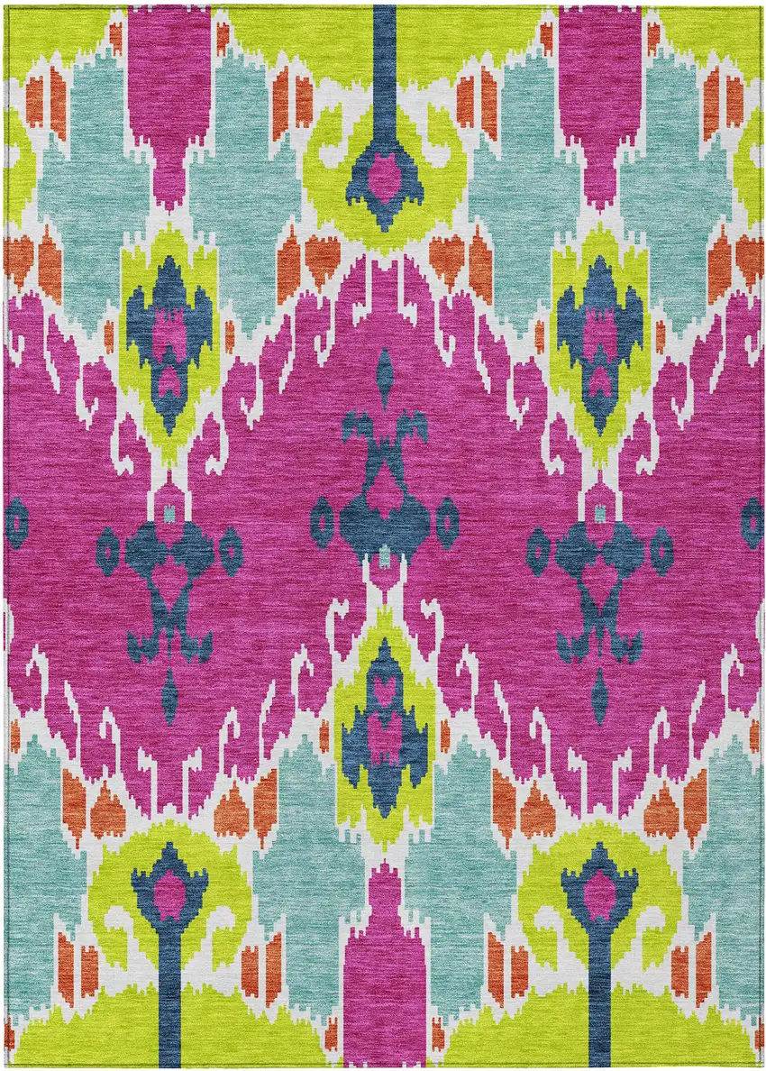 Pink Lime Green And Orange Ikat Washable Indoor Outdoor Area Rug Photo 1