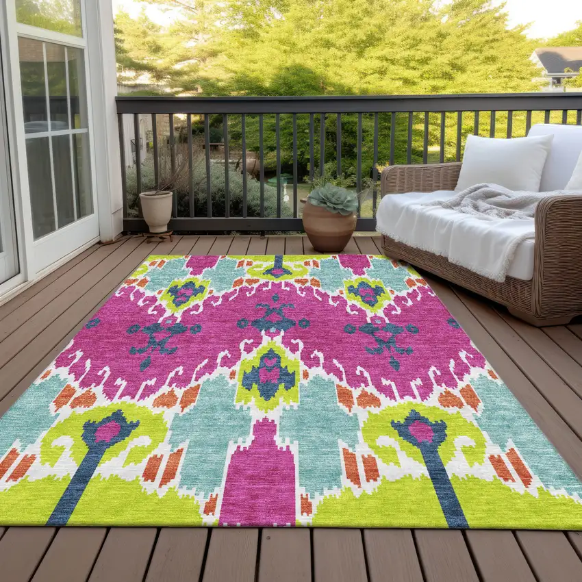 Pink Lime Green And Orange Ikat Washable Indoor Outdoor Area Rug Photo 7