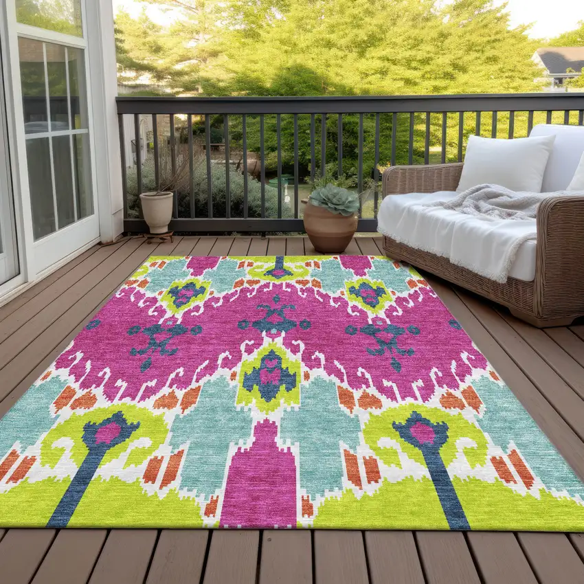 Pink Lime Green And Orange Ikat Washable Indoor Outdoor Area Rug Photo 7
