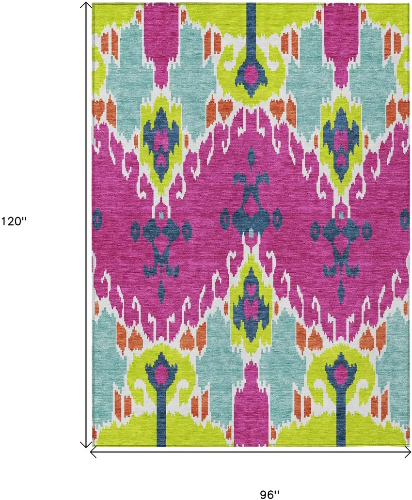 Pink Lime Green And Orange Ikat Washable Indoor Outdoor Area Rug Photo 3