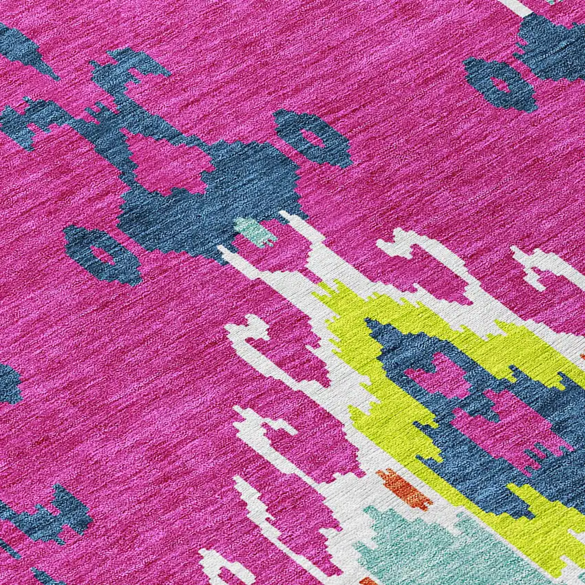 Pink Lime Green And Orange Ikat Washable Indoor Outdoor Area Rug Photo 4