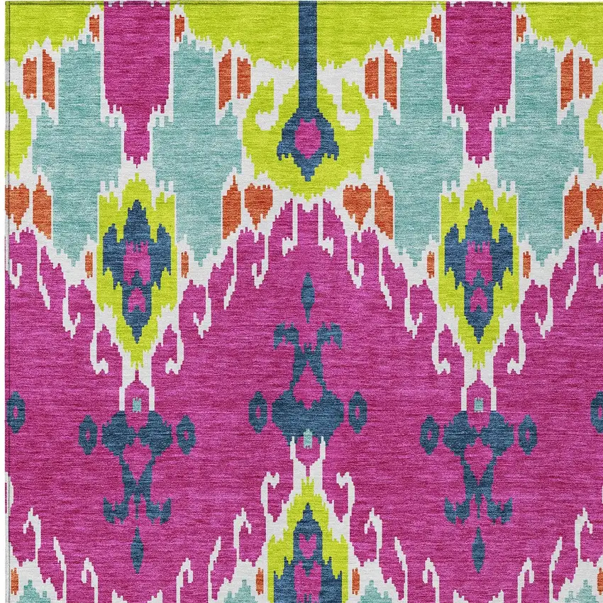 Pink Lime Green And Orange Ikat Washable Indoor Outdoor Area Rug Photo 6