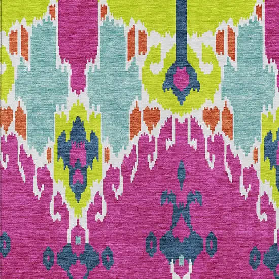 Pink Lime Green And Orange Ikat Washable Indoor Outdoor Area Rug Photo 5