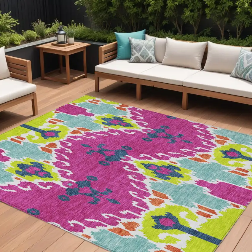 Pink Lime Green And Orange Ikat Washable Indoor Outdoor Area Rug Photo 1