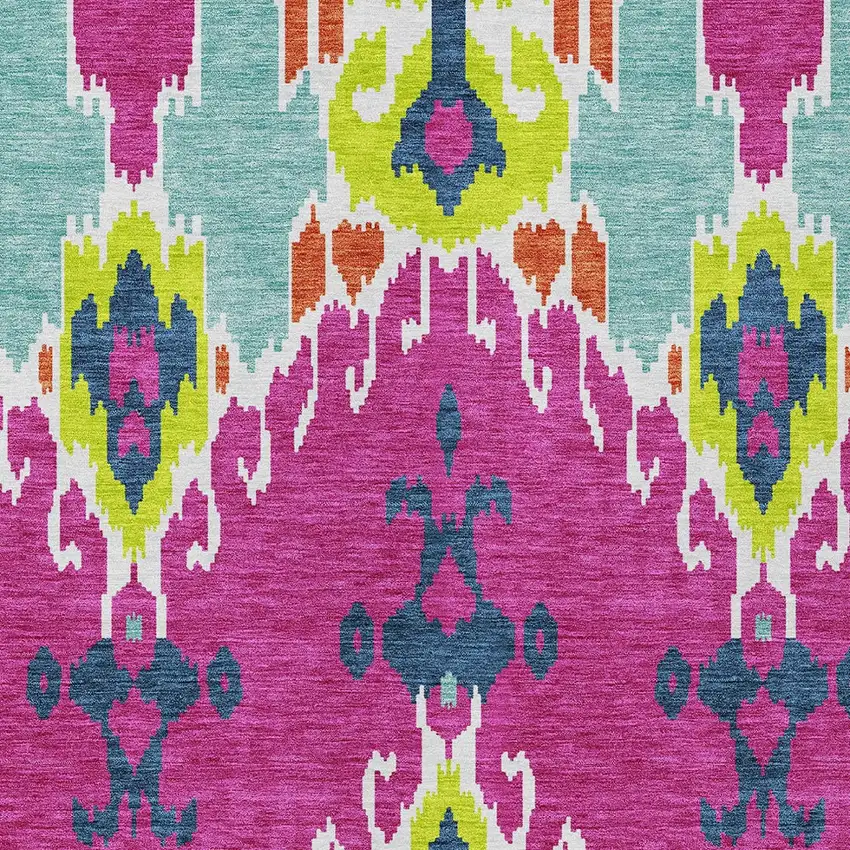 Pink Lime Green And Orange Ikat Washable Indoor Outdoor Area Rug Photo 5