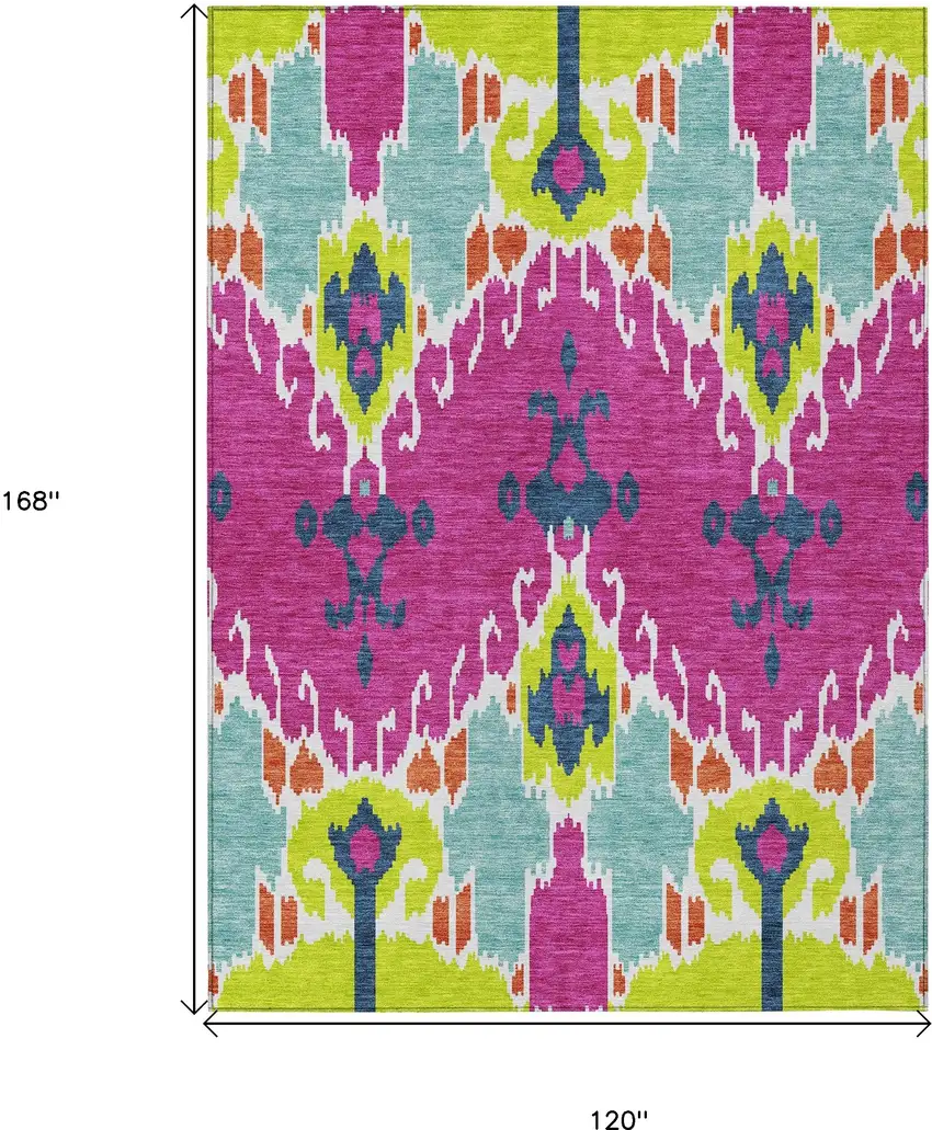 Pink Lime Green And Orange Ikat Washable Indoor Outdoor Area Rug Photo 3