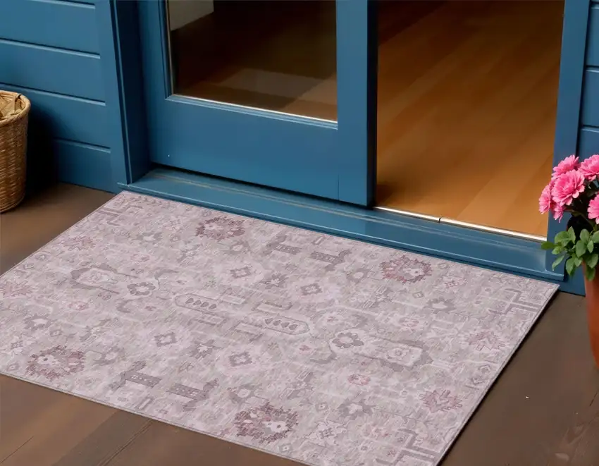 Pink Mauve And Blush Oriental Washable Indoor Outdoor Area Rug Photo 1
