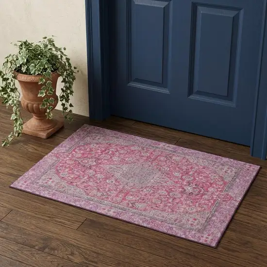 Pink Mauve And Gray Floral Medallion Washable Area Rug With UV Protection Photo 1