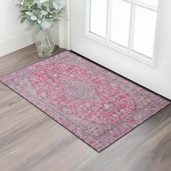 Pink Mauve And Gray Floral Medallion Washable Area Rug With UV Protection Photo 2