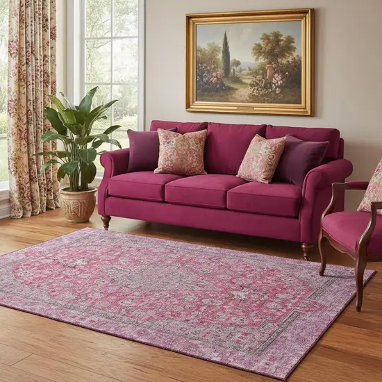 Pink Mauve And Gray Floral Medallion Washable Area Rug With UV Protection Photo 2
