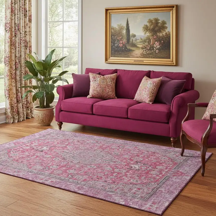 Pink Mauve And Gray Floral Medallion Washable Area Rug With UV Protection Photo 2