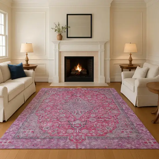 Pink Mauve And Gray Floral Medallion Washable Area Rug With UV Protection Photo 4