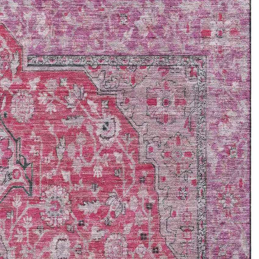 Pink Mauve And Gray Floral Medallion Washable Area Rug With UV Protection Photo 3