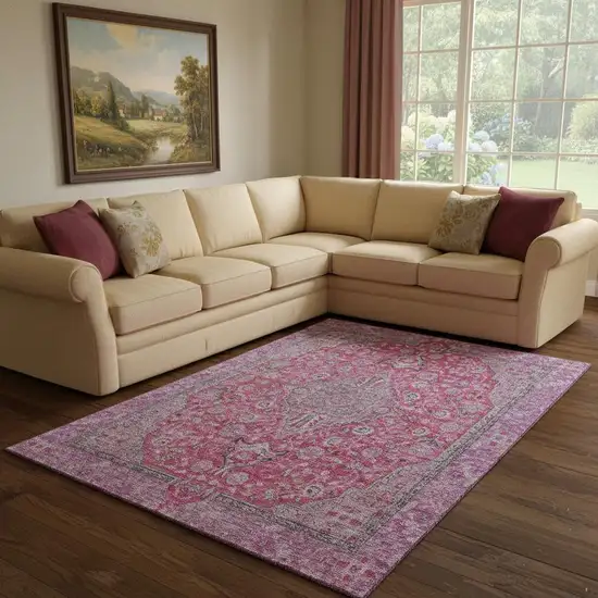 Pink Mauve And Gray Floral Medallion Washable Area Rug With UV Protection Photo 2