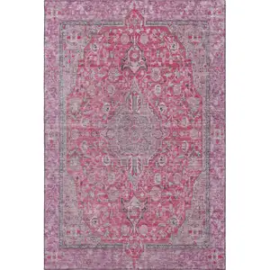 Photo of Pink Mauve And Gray Floral Medallion Washable Area Rug With UV Protection