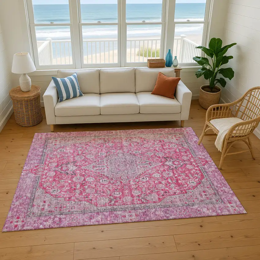 Pink Mauve And Gray Floral Medallion Washable Area Rug With UV Protection Photo 5