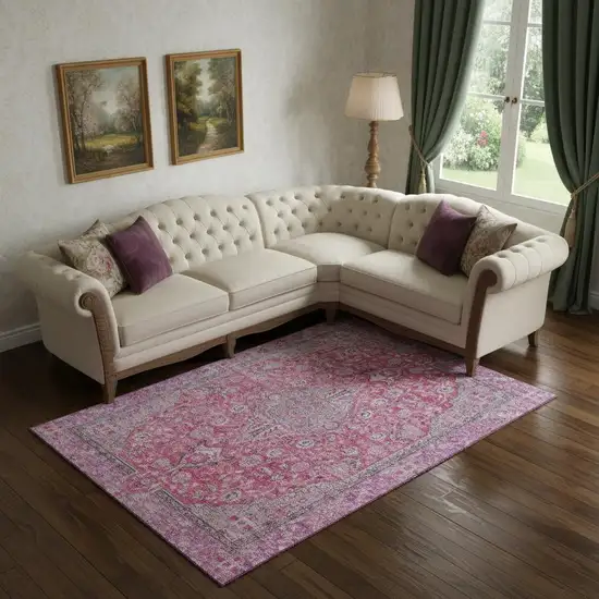 Pink Mauve And Gray Floral Medallion Washable Area Rug With UV Protection Photo 2