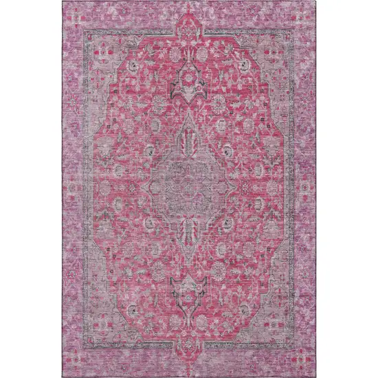 Pink Mauve And Gray Floral Medallion Washable Area Rug With UV Protection Photo 1