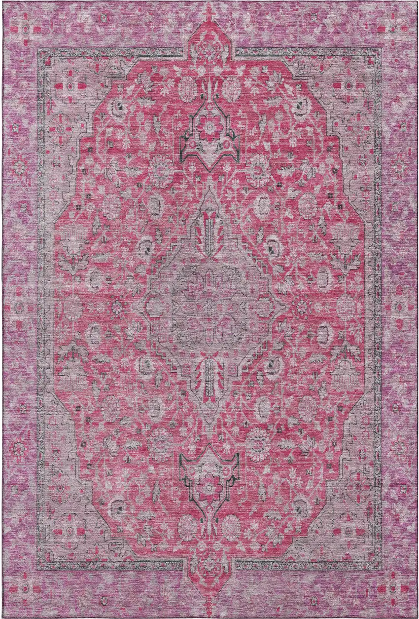Pink Mauve And Gray Floral Medallion Washable Area Rug With UV Protection Photo 1