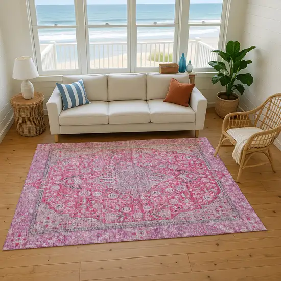 Pink Mauve And Gray Floral Medallion Washable Area Rug With UV Protection Photo 5