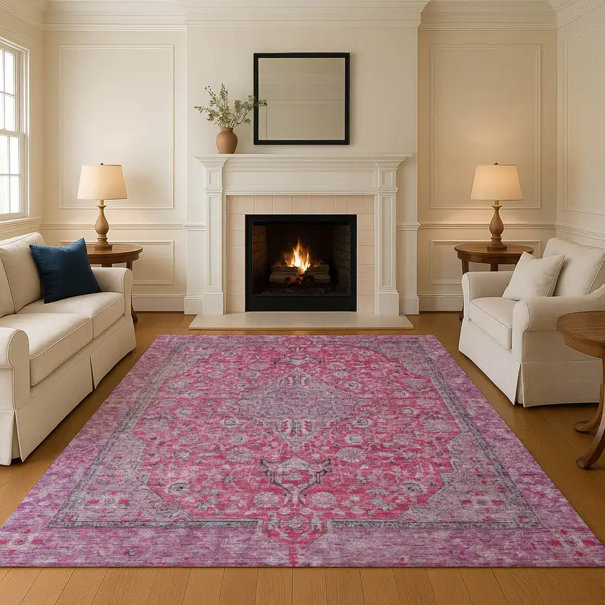 Pink Mauve And Gray Floral Medallion Washable Area Rug With UV Protection Photo 4