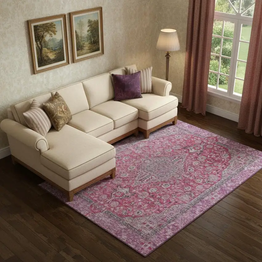 Pink Mauve And Gray Floral Medallion Washable Area Rug With UV Protection Photo 2