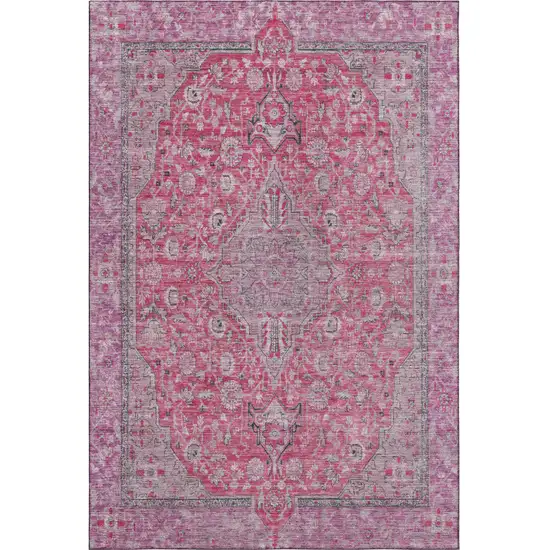 Pink Mauve And Gray Floral Medallion Washable Area Rug With UV Protection Photo 3