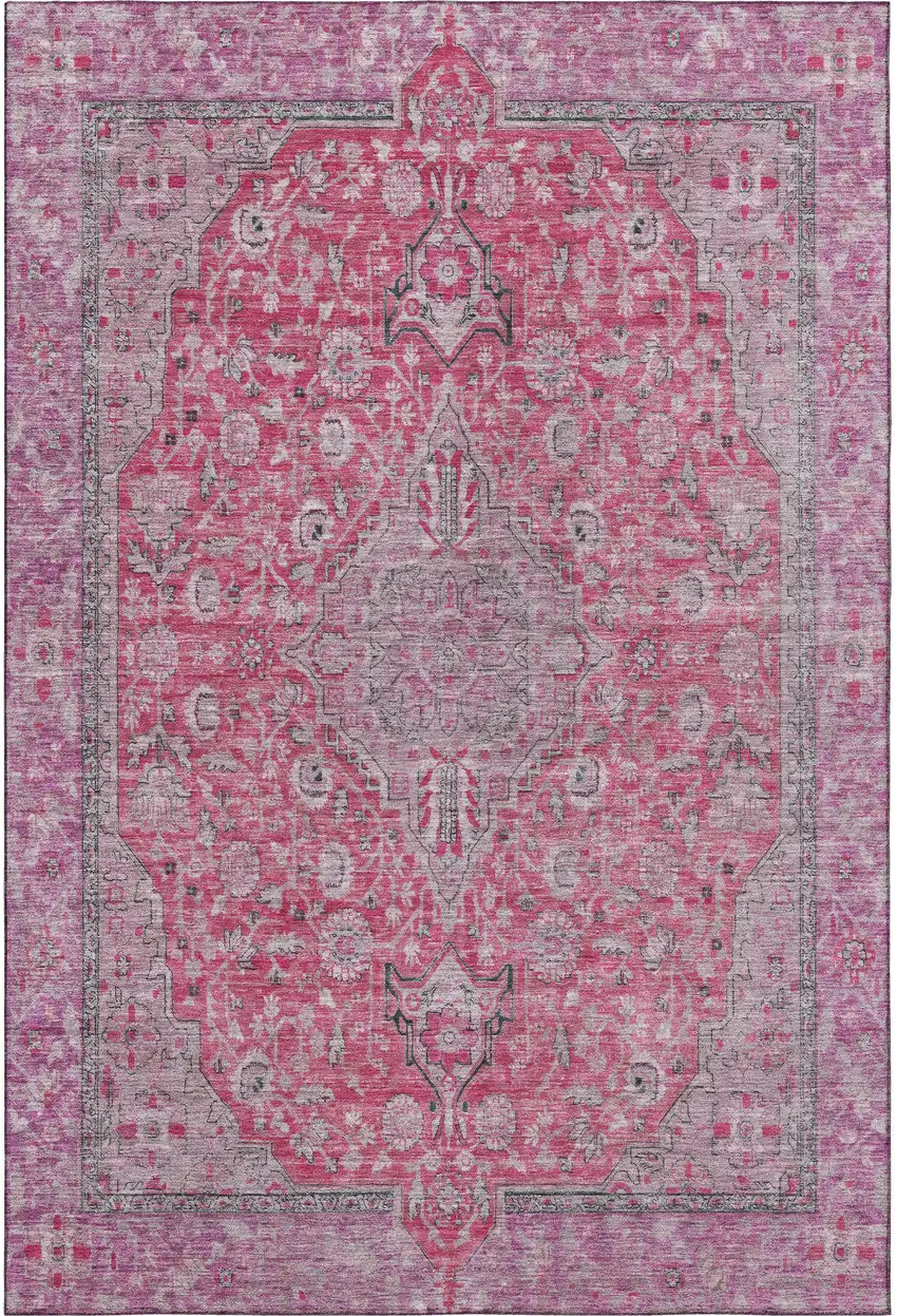 Pink Mauve And Gray Floral Medallion Washable Area Rug With UV Protection Photo 3