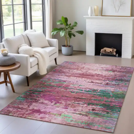 Pink Mauve And Green Abstract Washable Indoor Outdoor Area Rug Photo 6
