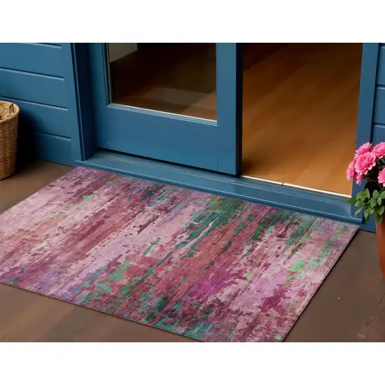 Pink Mauve And Green Abstract Washable Indoor Outdoor Area Rug Photo 2